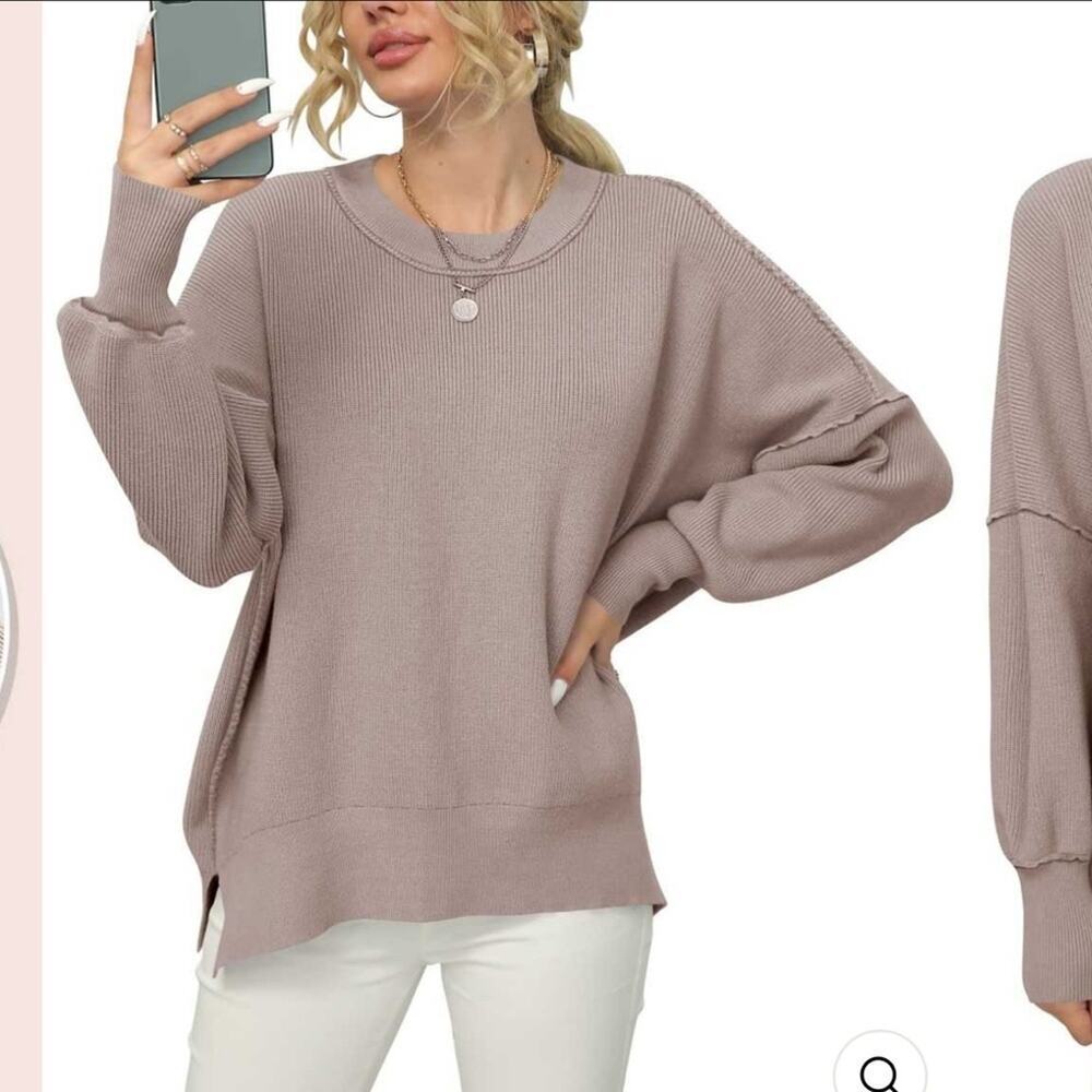 CREWNECK BATWING SLEEVE OVERSIZED SIDE SLIT RIBBED KNIT PULLOVER SWEATER Sz XL